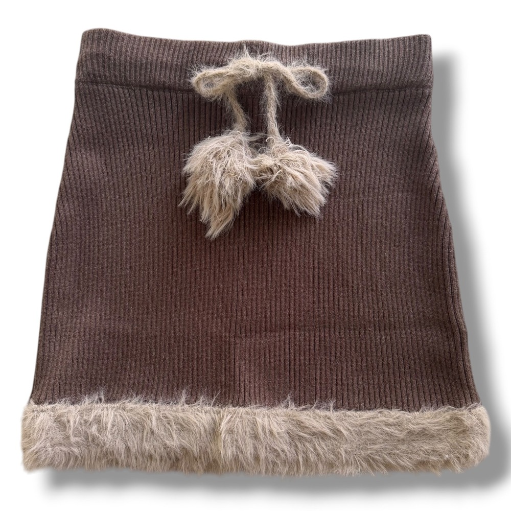 Cider Women XL Coffee Brown Ribbed Knit Faux Fur Trim Pom Pom Mini Skirt Cottage